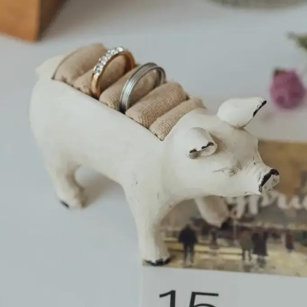 Antique White Pig Jewelry Holder Farmhouse Ring Dish Vintage Style Decor